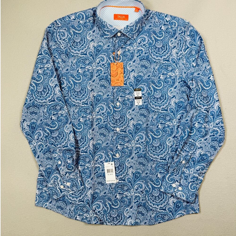 Tallia Men's Slim-Fit Paisley Dress Shirt - Blue 17-17.5 34-35 $80
